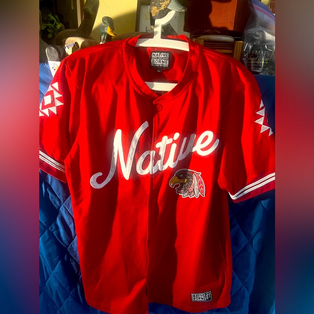Native Borne Red Baseball Jersey. Size LG